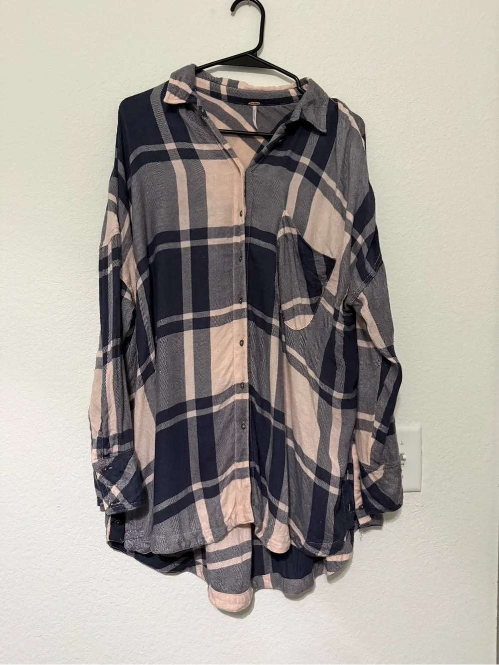 Free People Navy and Beige Plaid Button-Down Shirt